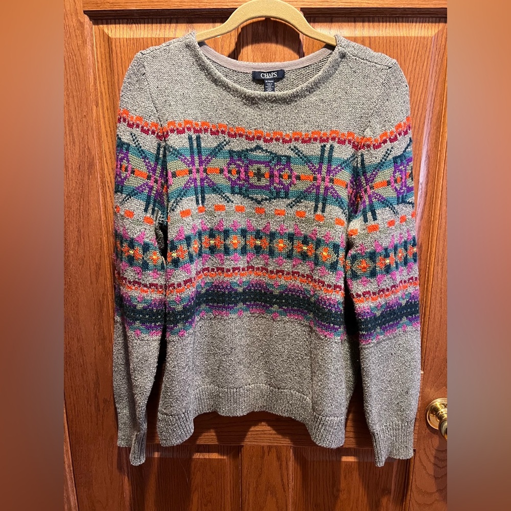 Chaps Women’s Print Fair Isle Sweater Gray Colorful Nordic